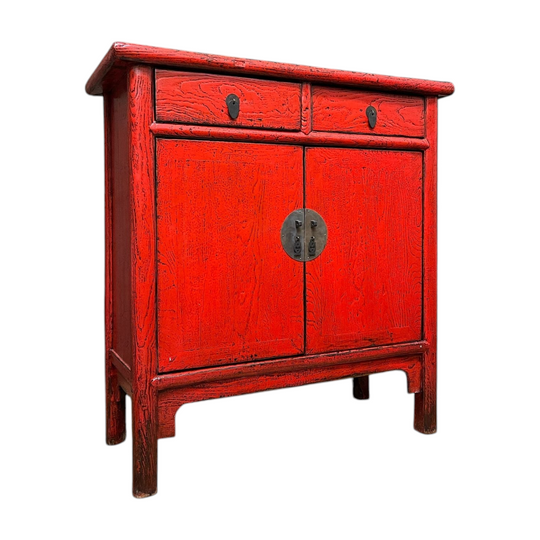 Antique Chinese Red Lacquered Cabinet, 2 Drawer