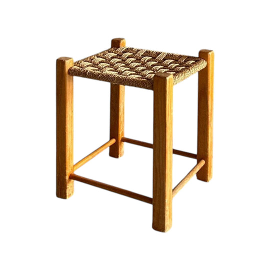 WOODEN STOOL WITH WOVEN RATTAN CORD SEAT