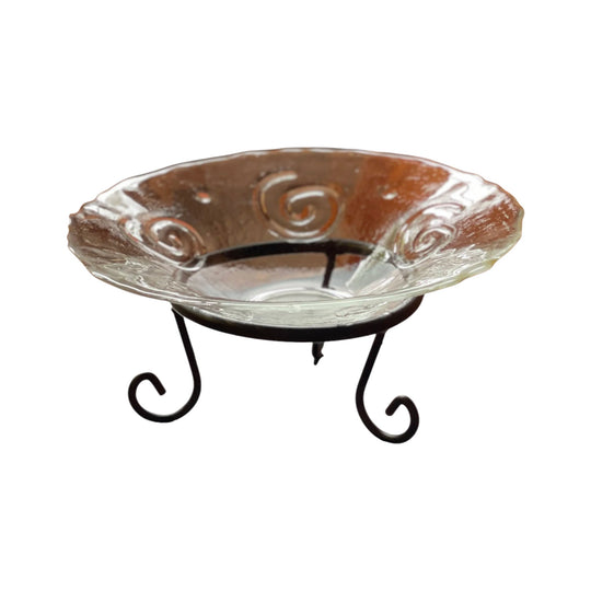 glass spiral dish on wrought iron stand