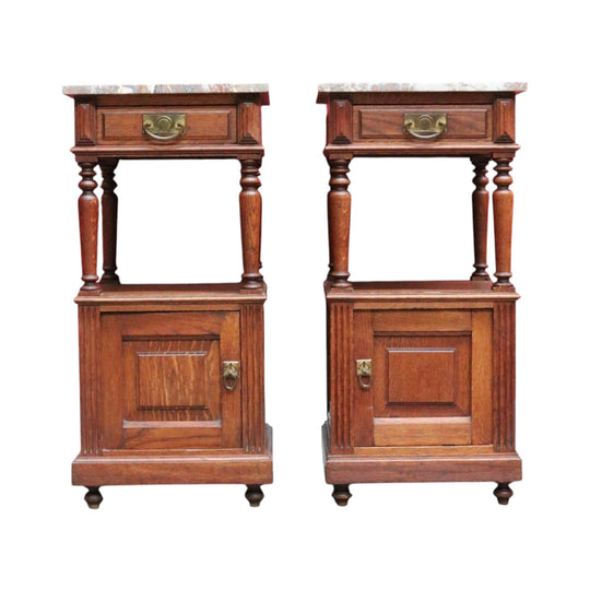 Pair of French Oak Bedside Cabinets with Marble Tops Turned Supports Brass Handles and Cupboard Storage. B12740