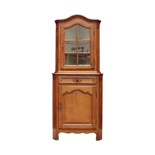 French Oak Corner Cabinet Encoignure with Bombe Cornice Glass Panel Doors Drawer and Lower Storage. B12734