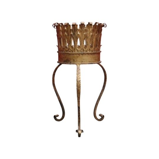 Antique French Jardinière Holder with Hand Hammered Gilt Metal Bowl Leaf Motif Rim and Tripod Legs. B12755