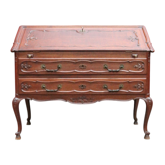 Antique French Oak Writing Bureau or Desk with Drop Front Brass Handles Key and Cabriole Legs. B12706