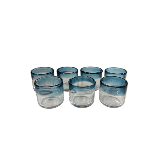 Hand Blown Mexican Rocks Glasses with Aqua Rims Set of 7
