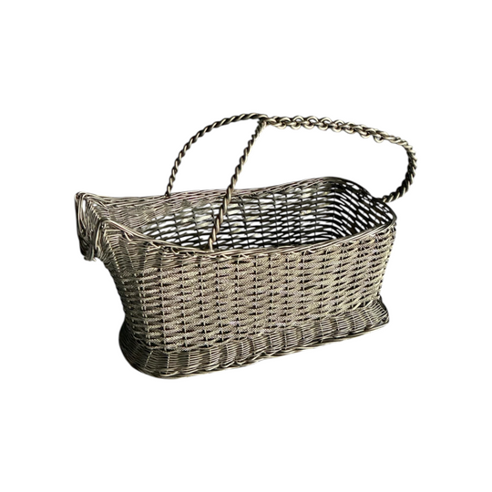 VINTAGE SILVER PLATED WOVEN WINE BASKET 1960