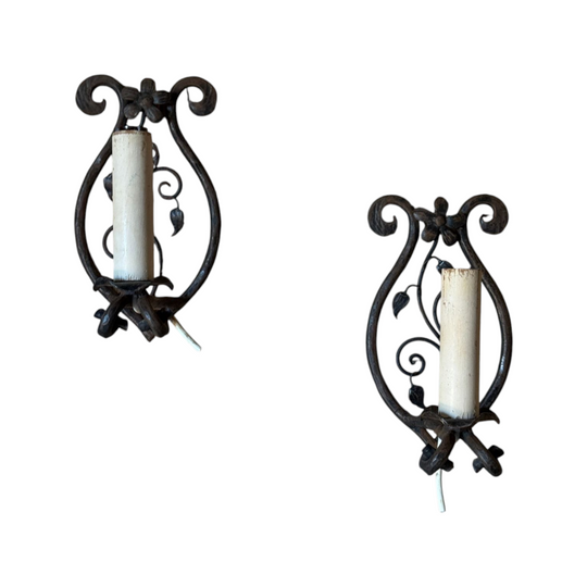 Pair of Vintage Wrought Iron Floral Wall Lights