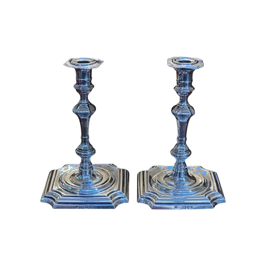 Pair Georgian style sterling silver petite candlesticks London c.1892