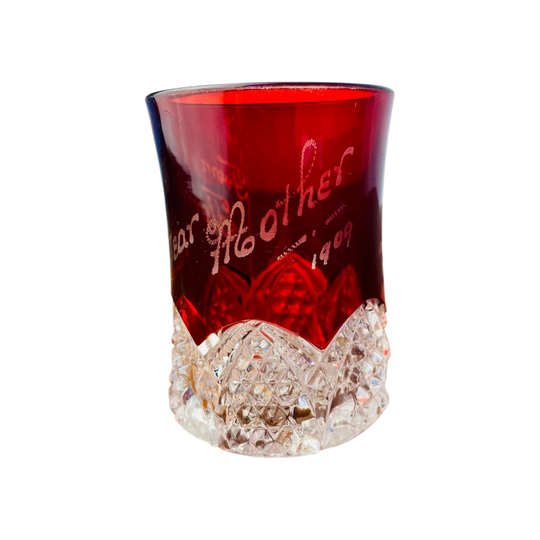 Edwardian Ruby Glass Vase, Pressed Glass, Engraved Dedication (1909) 10cm