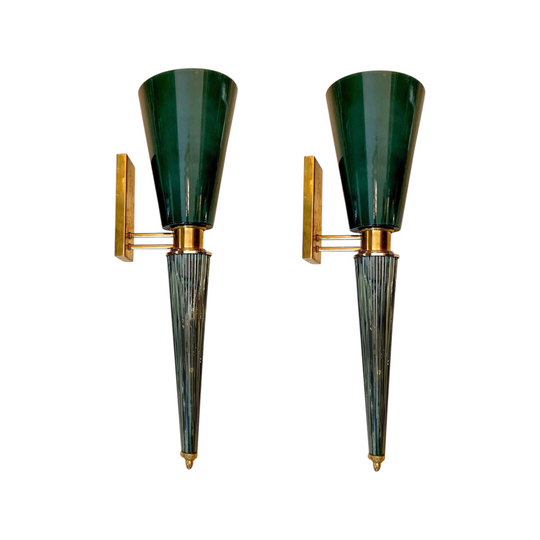 Pair of Blue Art Deco Conical Murano Wall Sconces, Brass Fittings, 1940s