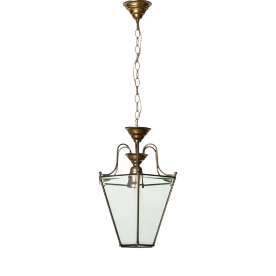 Brass and Beveled Glass Hexagonal Italian Chandelier