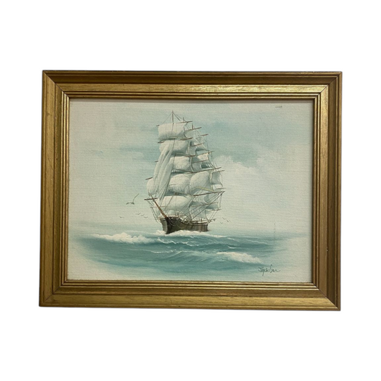 Framed Mid Century Tall Ship Painting Signed
