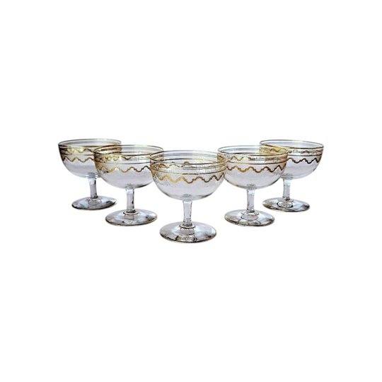 Antique St Louis Crystal Coupes Beethoven Pattern, 24K Gold Gilt (Set of 5)