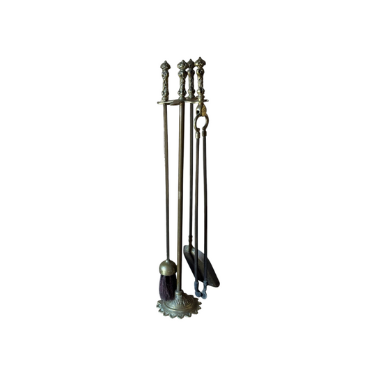 Antique Brass & Steel Fire Tool Set With Stand - Late 19th / Early 20th Century