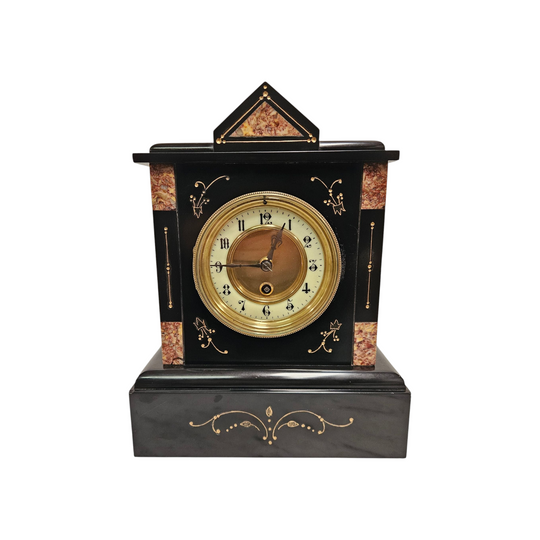 French Inlaid Marble Time Piece Clock Fully Serviced