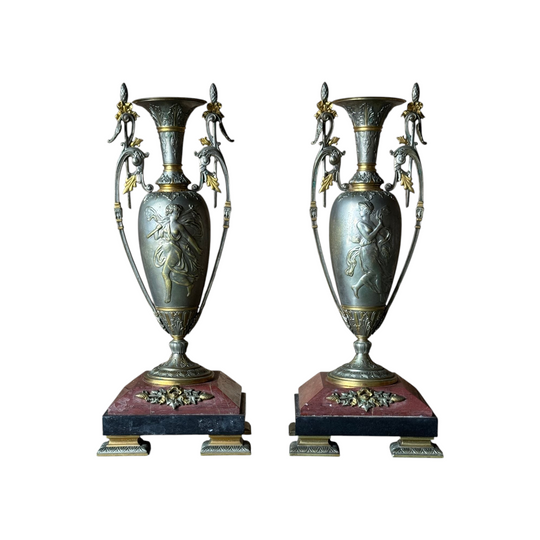 Pair of Antique Patinated Spelter Urns on Footed Stone Bases - 19th Century