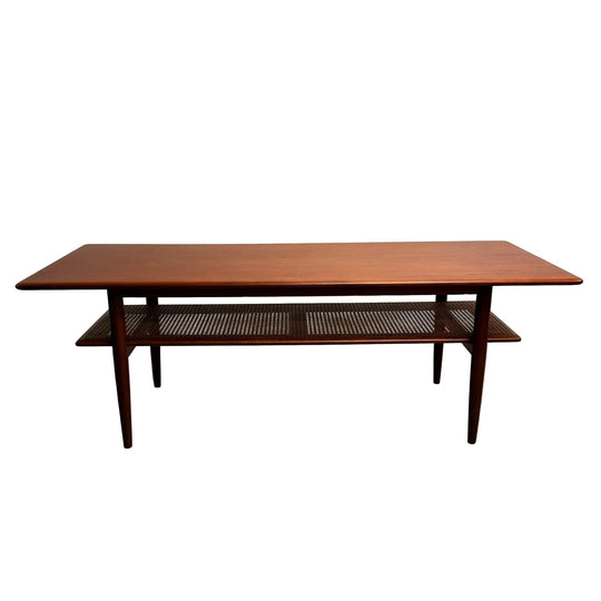 Parker Model 139 Large Mid-century Teak Coffee Table with Rattan Shelf – Professionally Restored