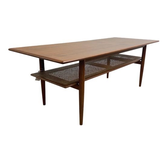 Large Mid Century Teak Parker Coffee Table With Rattan Shelf - Professionally Restored