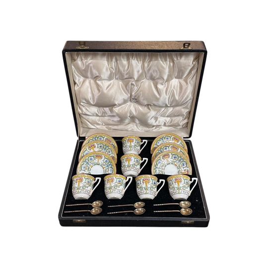 Boxed Royal Worcester set 6 coffee cups and saucers with sterling silver spoons c.1937
