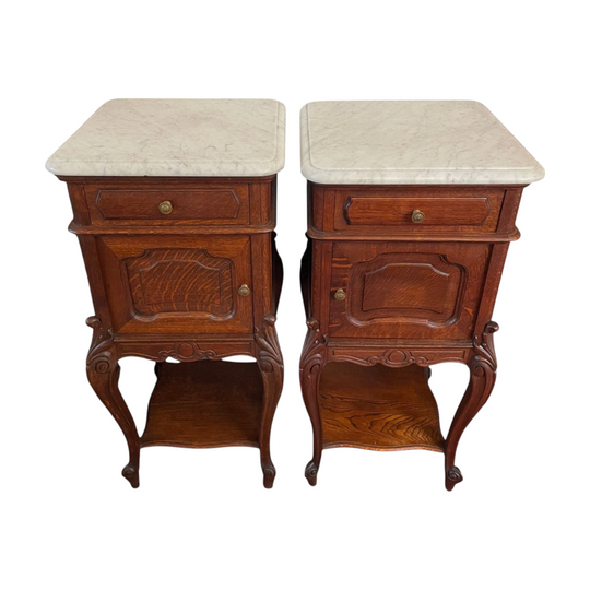 Pair of French Oak Louis 15th Style Marble Top Bedside Cabinets