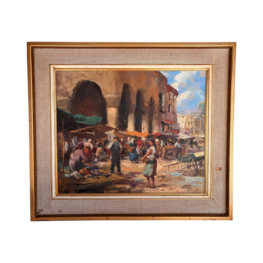 Large Mid Century Original Oil Painting by Gabriele Daube (1901–1988) | European Mediterranean Market Scene | Framed German Impressionist Artwork
