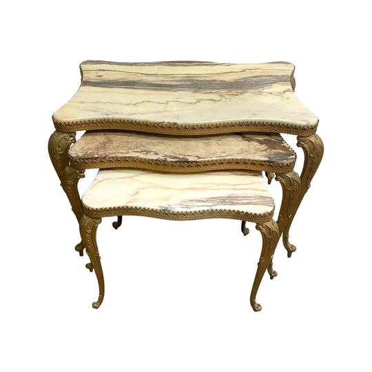 Mid 20th Century Vintage Hollywood Regency Italian Marble & Brass Nest of Tables
