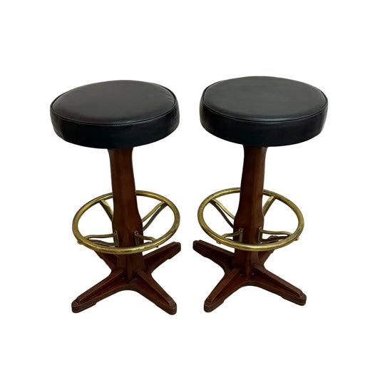 Mid Century 60s-70s Pair Of Swivel Bar Stools With Brass Footrest