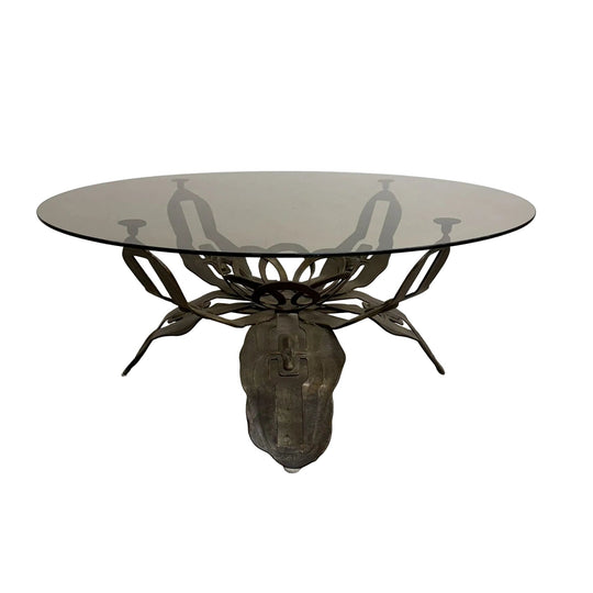 Mid Century Iron And Smokey Glass Round Brutalist Coffee Table