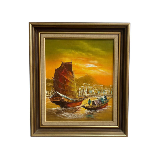 Mid Century Oil Painting of Junk Boat Fishing Scene Signed L.Lam
