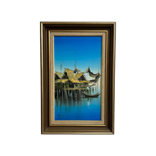 Mid Century Signed Oil Painting of Man In Boat