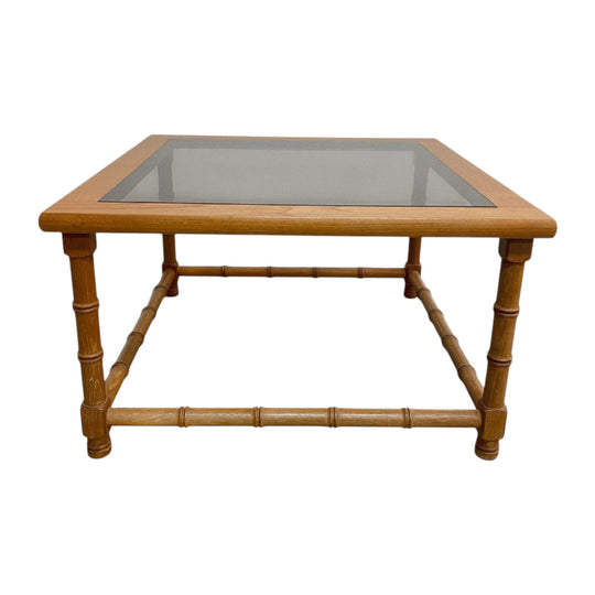 Mid Century Square Teak Faux Bamboo Carved Side/ Lamp Table