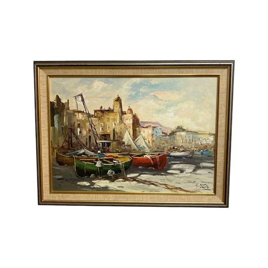 Mid Century Boat Scene Italian Oil Painting By S Stilio