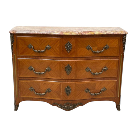 French Louis XIV Style Three Drawer Marble Top Commode
