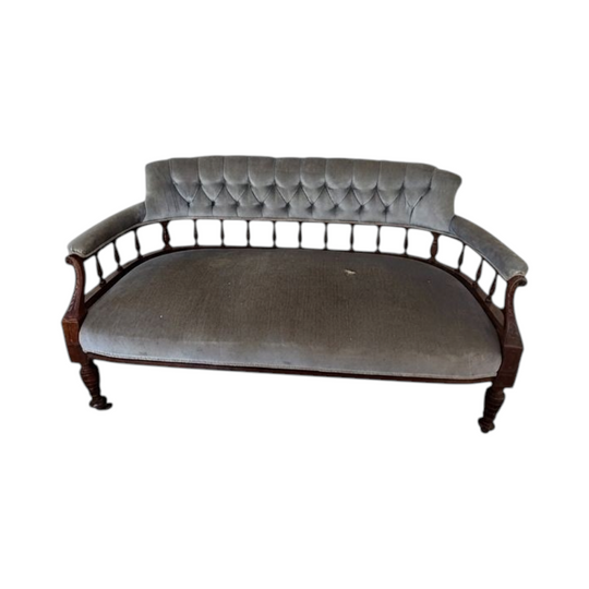 Victorian Style Spindle Back Settee Grey Tufted Velvet 2 Seater