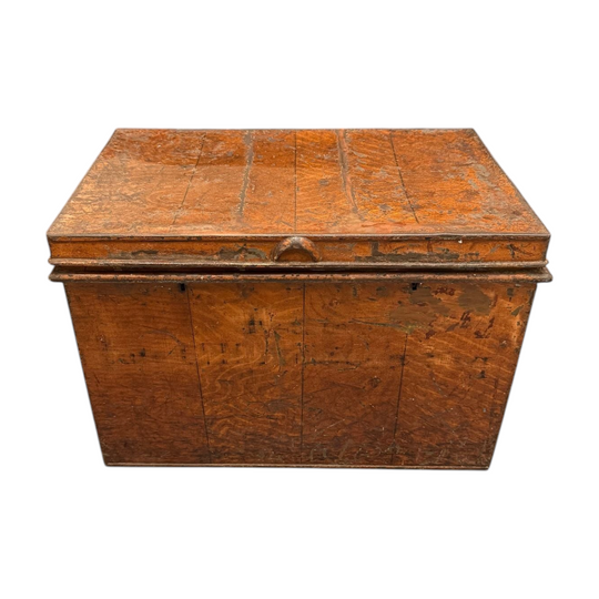 Charming Rustic Antique Victorian Metal Deed Box Faux Oak Finish