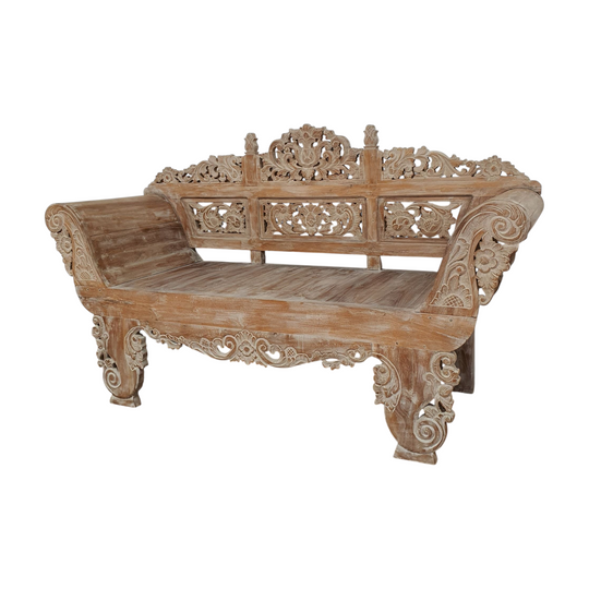 Balinese Hand Carved Daybed with Rolled Arms - Whitewash