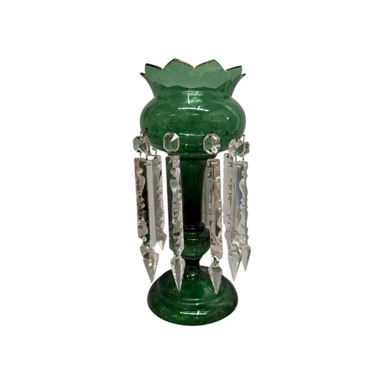 Victorian Green Glass & Crystal Drops Lustre Vase