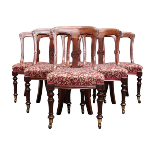 Set of Six Antique English Mahogany Victorian Dining Chairs with Porcelain Castors and Damask Upholstered Seats. 13080