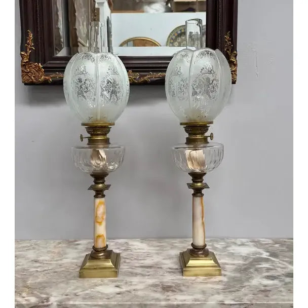 Pair of French Parisian Empire Style Oil Lamps Brass & Onyx | Antique & Vintage | Moonee Ponds Antiques | Australia Wide Delivery
