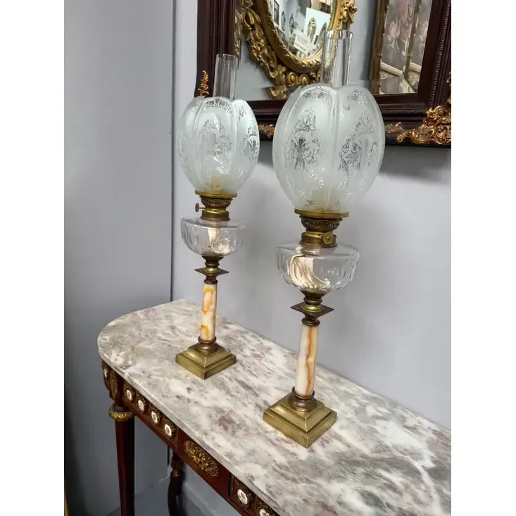 Pair of French Parisian Empire Style Oil Lamps Brass & Onyx | Antique & Vintage | Moonee Ponds Antiques | Australia Wide Delivery