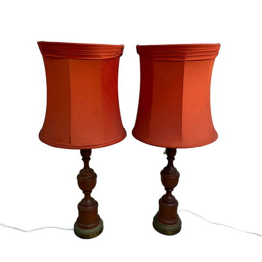 Pair of 1960's Mid Century Turned Teak Table Lamps Original Shades*