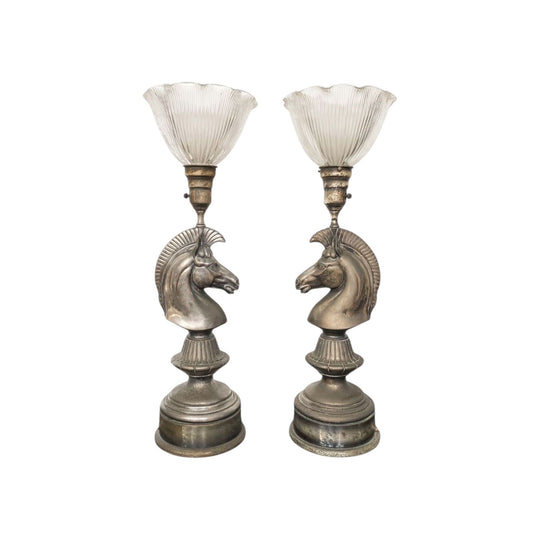 Pair of Silver Plated Antique Horse Head Table Lamps