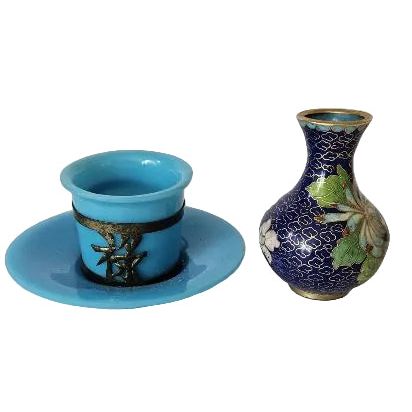 Antique Blue Peking Opaline glass teacup and small cloisonne Vase