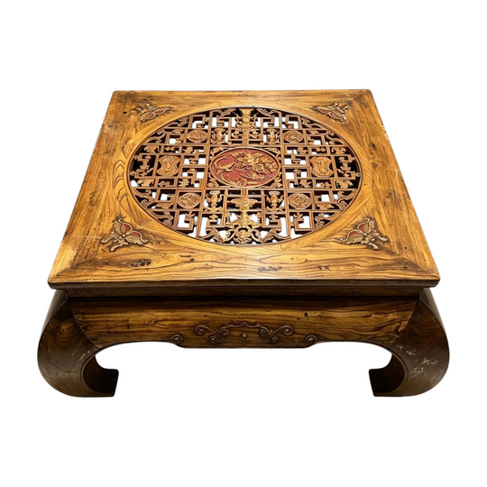 1618: Chinese Antique Wood Carved Kang Table Vintage Low Coffee Table