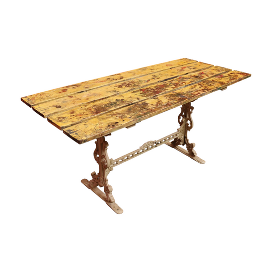 Vintage Cast Garden Pub Table with Timber Plank Top and Ornate Trestle Base. B13066