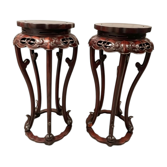 1491: Vintage Carved Hardwood Tall Plant Stand Round Top Pedestal Tables