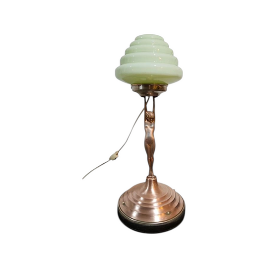 Art Deco 'Diane' copper lamp wide base w/Original glass Green stepped shade 1930s