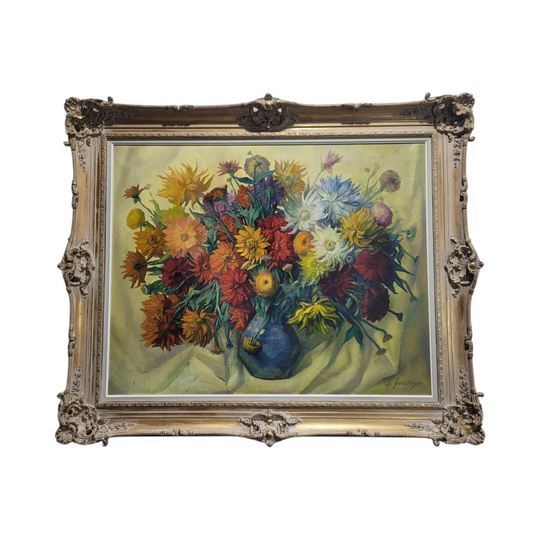 Large Vibrant French Signed Oil on Canvas “Flowers In Vase”