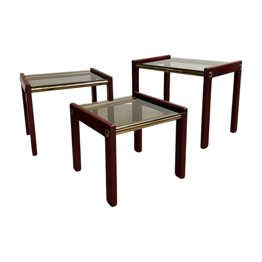 1980's Post Modern Nest Of 3 Brass, Wood And Smoky Glass Top Tables*