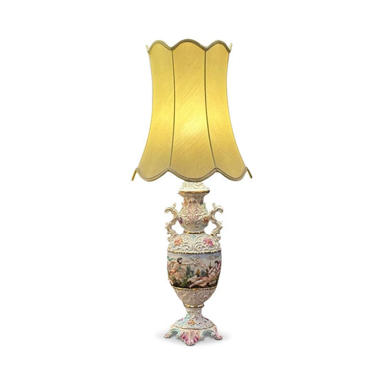 Quality capodimonte ceramic table lamp with hand painted scene c.1950
