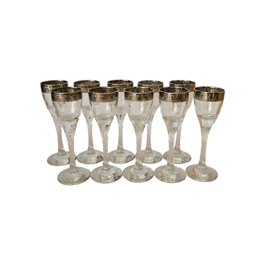 10 x Vintage Cristalleria Fratelli Fumo Shot Glasses with Twisted Stems